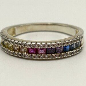 Sterling Silver Multi-Gem Eternity Band Ring Ruby Emerald Aqua Diamond Size 8.25